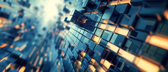 Square perspective close up shape pole structure abstract 3D backgrounds different levels grade straight glossy metallic steel cube mess colours gradient lighting reflection wallpaper.