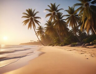 Obraz premium Vintage styled image of a tropical sandy beach with palm trees at dawn, dawn, daybreak, coastal beauty