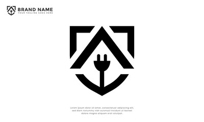 Shield plug home logo. Modern logo combining a shield, electrical plug, and roof shape, symbolizing secure power, home safety, electric plug, building security, energy solutions or energy protection.