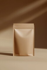 Minimalist matte kraft pouch mockup with soft shadows and warm lighting, ideal for showcasing food, coffee, or organic product packaging designs.