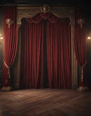 Vintage style theater stage with dramatic velvet curtains, velvet, vintage, classic, stage, red