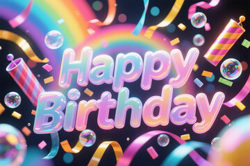 HD Multicolor Rainbow Bokeh Streamers Happy Birthday 3D Text Graphic
