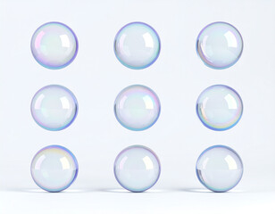 Nine translucent bubbles arranged in a grid, reflecting light and exhibiting a spectrum of colors against a plain background