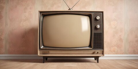Vintage television set on pastel retro wallpaper background, color palette, nostalgia feels