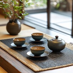 Japanese tea set with ceramic teapot and cups placed on tatami mat, arranged neatly for tea ceremony in traditional setting. Generative by AI.