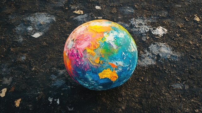 Colorful World Globe Made Of Oil Paint On Dark Background, Environment Concept. - Powered by Adobe