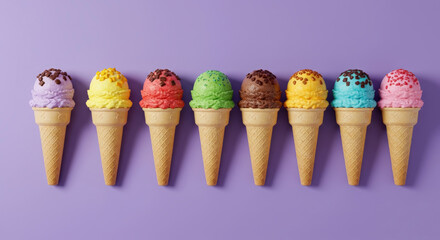 Row of colorful ice cream cones against purple background. Eight waffle cones with assorted flavors and chocolate sprinkles. Summer dessert variety concept. Ice cream parlor menu and children's treats