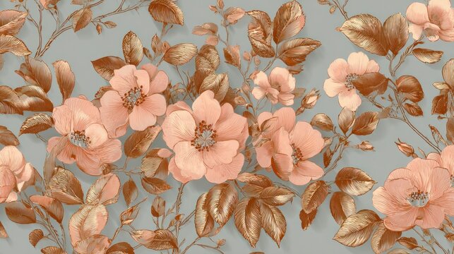 Delicate floral pattern with muted peach roses and bronze leaves on a light gray background