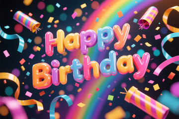 Rainbow Bokeh Happy Birthday Streamers 3D Text HD Graphic Celebration