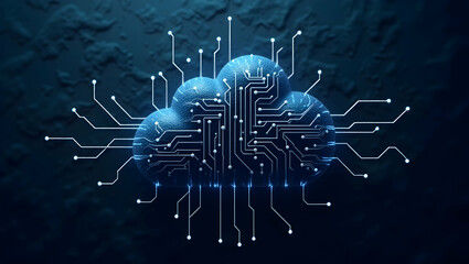 Digitally Rendered Cloud Icon with Intricate Circuitry, A Modern Representation of Cloud Computing Technology and Data Transfer Networks