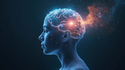 A profile view of a person with their brain morphing into a galaxy, symbolizing limitless thought, imagination, and cosmic consciousness.