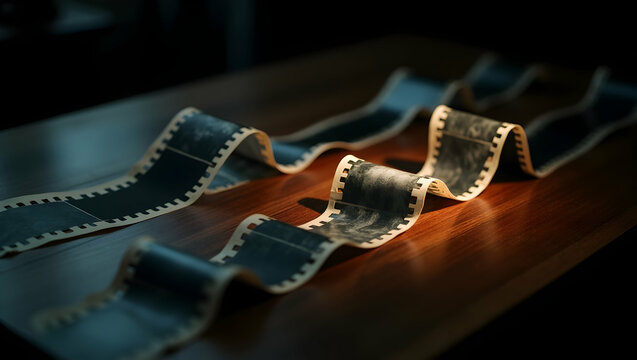 Dramatic low-key shot showcases multiple strips of antique film negatives, evoking nostalgia, archival value, and the history of photography on a wooden surface - Powered by Adobe
