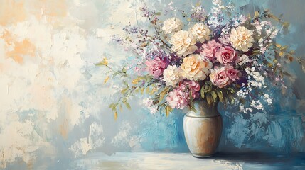 Colorful flower arrangement with roses and other blooms creates a vibrant decorative bouquet, showing brush stroke style