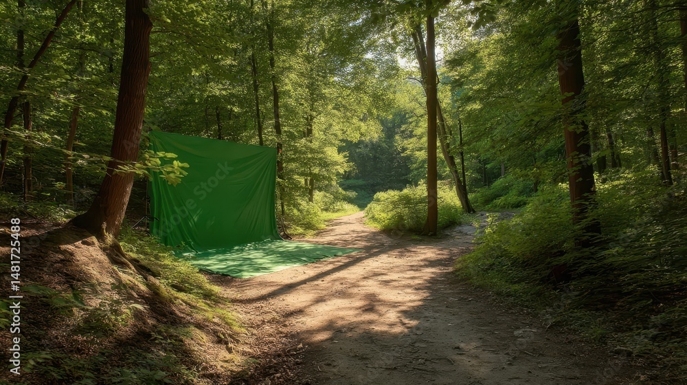 Poster forest path with a green screen backdrop.
