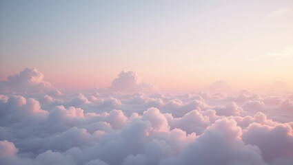 Dreamlike aerial vista showcasing fluffy white clouds bathed in the gentle hues of a serene pink and lavender sky creating a peaceful and ethereal atmosphere
