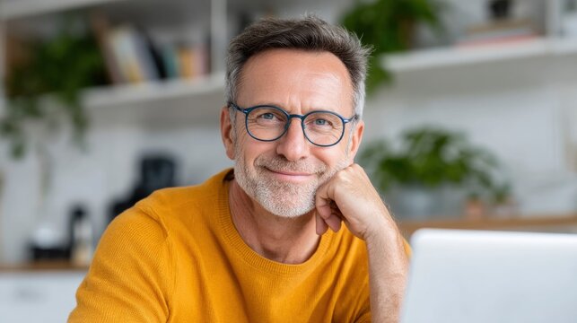 Smiling Man Wearing Glasses Looking at Camera in a Bright Room