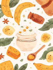 Traditional pongal dish in pot with banana and sugarcane as watercolor illustration. Indian harvest festival celebration food for poster or social media backdrop.