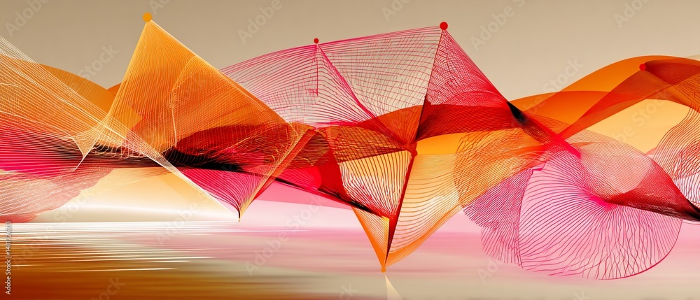Poster abstract art intertwined, translucent, geometric shapes in warm colors creating a dynamic, flowing c