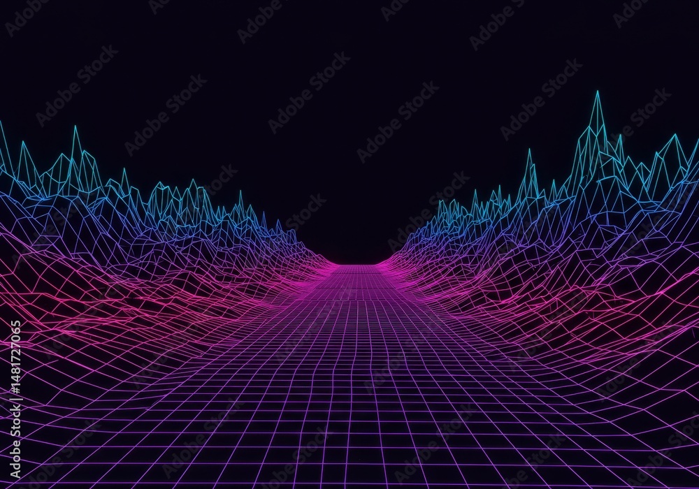 Poster 3d abstract background: neon grid path with glowing particles