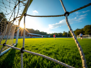 Fototapeta premium Dynamic low-angle view from behind a soccer goal net capturing players on a lush green field bathed in sunlight, evoking sportsmanship and summer vibes
