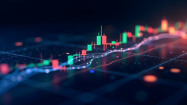 Dynamic Stock Market Analysis Chart Displaying Upward Trends and Volatility with Vibrant Color Gradients and High Contrast Visuals for Financial Growth