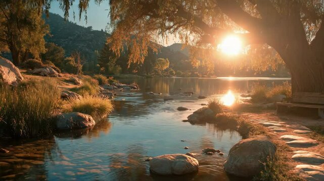 Peaceful Riverbank Sunset with Weeping Willows/柳の川岸と夕日の静かな風景3