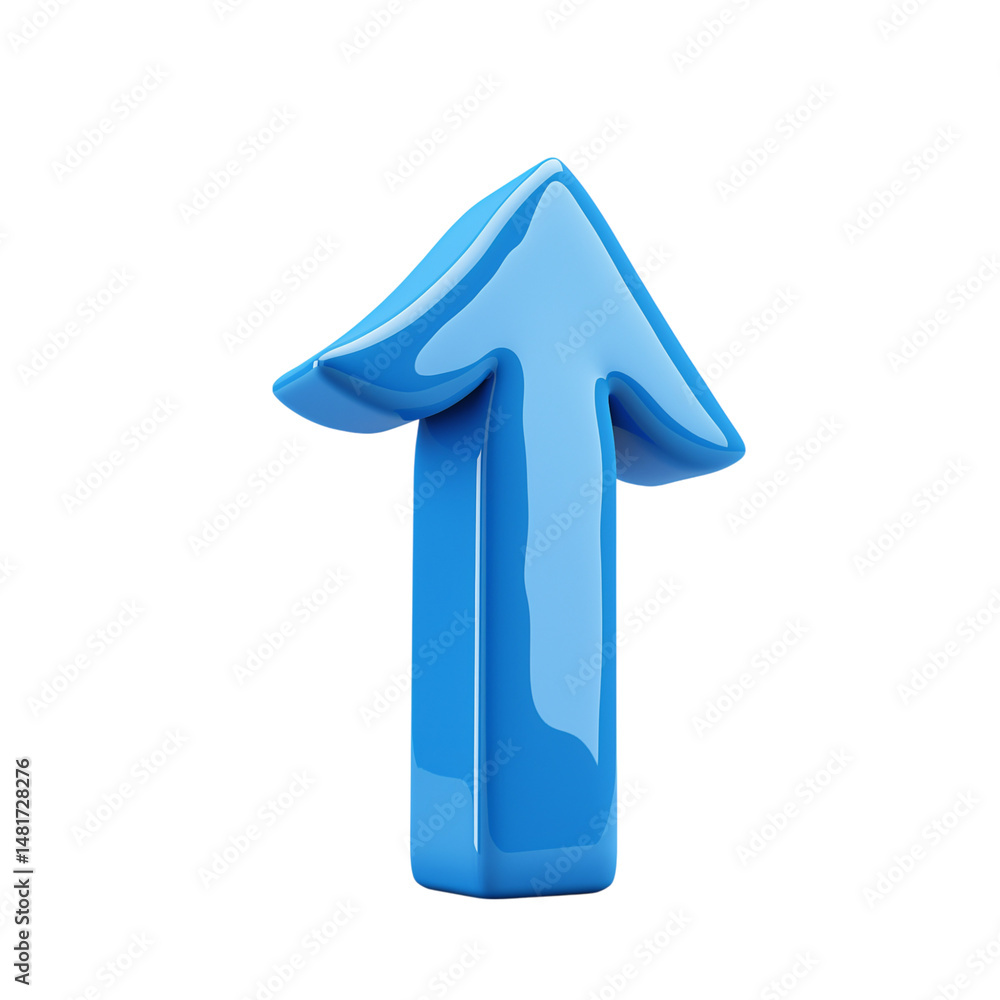 Poster shiny three dimensional blue arrow pointing upward on a black background for concepts