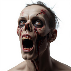 A hauntingly beautiful portrait of a man with a grotesque, zombie-like appearance, his eyes sunken and skin pale, surrounded by blood-stained fabric.