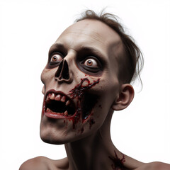 A terrifying zombie with a grotesque face and exposed bones, its eyes sunken deep into their sockets as if staring into the abyss.