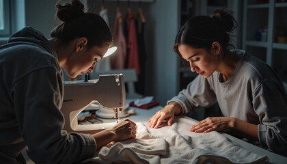 Aspiring fashion designers sewing at night in workspace, creativity