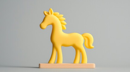 A yellow horse figurine on a wooden base.
