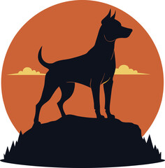 Silhouette of a Dog Standing on a Mountain at Sunset