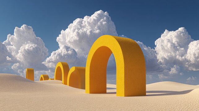 Yellow archways in a desert landscape under a partly cloudy sky - Powered by Adobe