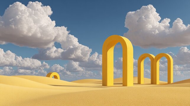 Yellow arches in a sandy desert landscape under a partly cloudy sky