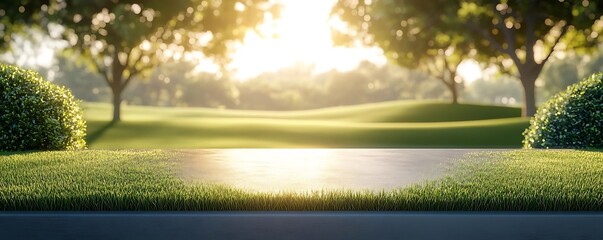 Sunny park path, green grass, sunset