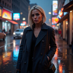 A woman standing on a wet city street at dusk.