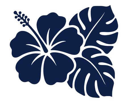 Fototapeta Tropical Hibiscus Flower and Monstera Leaf Silhouette – Navy Blue Flat Vector for Summer and Beach Design