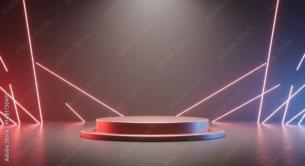Poster 3d abstract background empty podium stage platform with red and blue neon lights