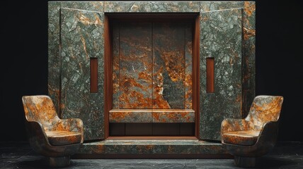 Elegant marble elevator with wooden accents and stylish armchairs, showcasing luxury design and modern architecture in a sophisticated setting.