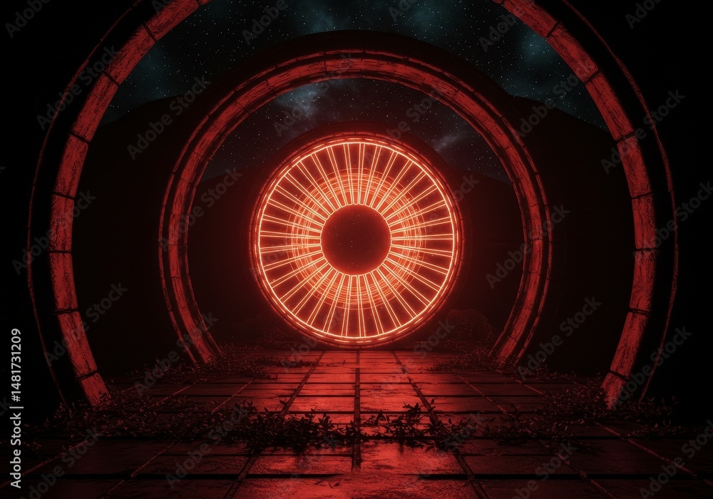 Poster 3d abstract background image: glowing red portal