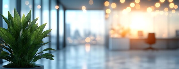 Office plant, city view, sunset