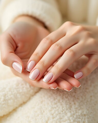 Naklejka premium Elegant close-up showcasing a delicate, feminine natural manicure, highlighting pristine nails and soft skin tones, embodying grace and simplicity
