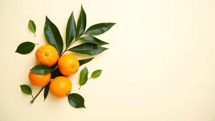 Elegant composition featuring fresh oranges and vibrant green leaves arranged on a soft cream backdrop evoking a feeling of wellness and healthy living