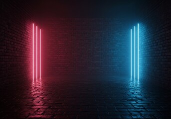 3D Abstract Background Neon Lights Brick Wall