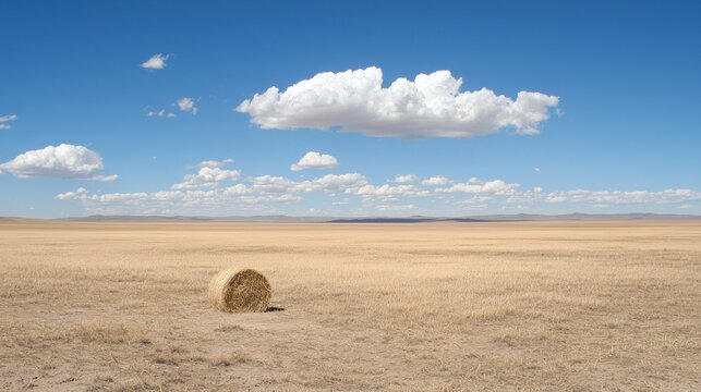 A large, dry grass field with a hay bale in the foreground.