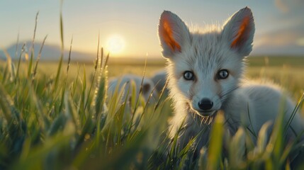 White fox kit in tall grass at sunrise