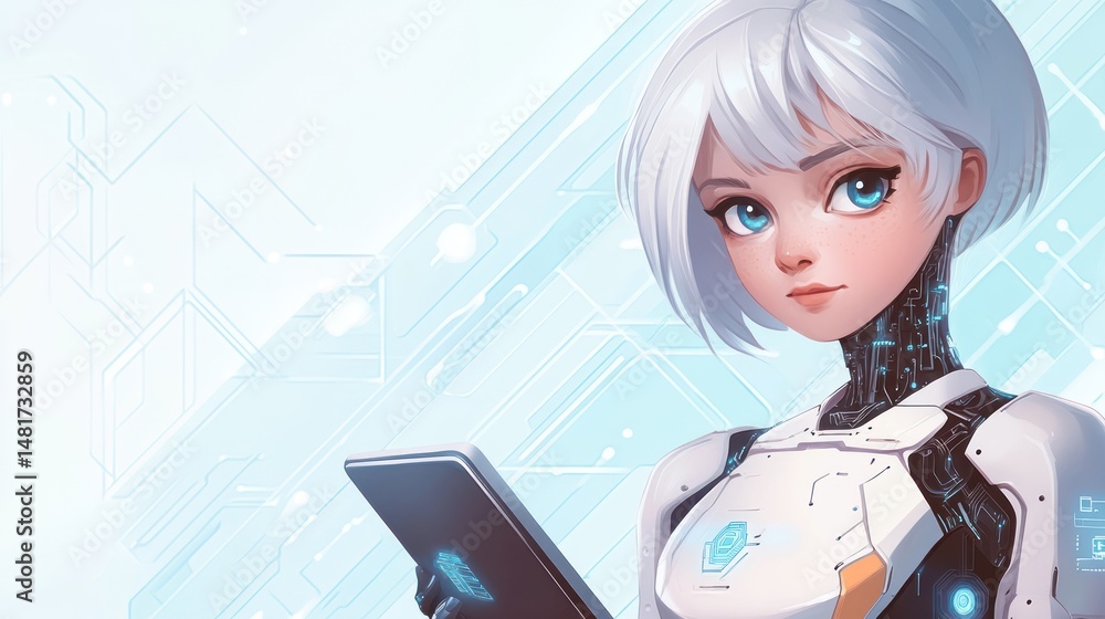 Poster futuristic humanoid with advanced tech interface in virtual augmented reality