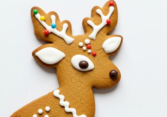 Naklejka premium Closeup Photo of Gingerbread Reindeer Cookie on White Background