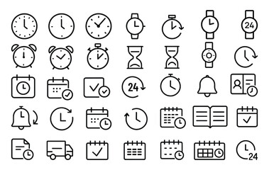 Time and Schedule Icon Set &ndash; Line Style Vector Icons of Clocks, Alarms, Calendars, and Timers for UIUX and Productivity Apps