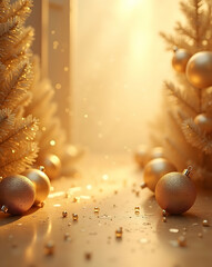 Elegant golden Christmas ornaments and shimmering lights creating a festive holiday atmosphere, perfect for seasonal greetings and celebrations in a warm inviting glow